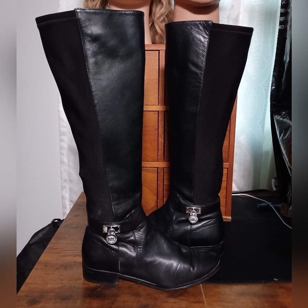 Michael Kors Hamilton Black Leather + Stretch Riding Boots_6M